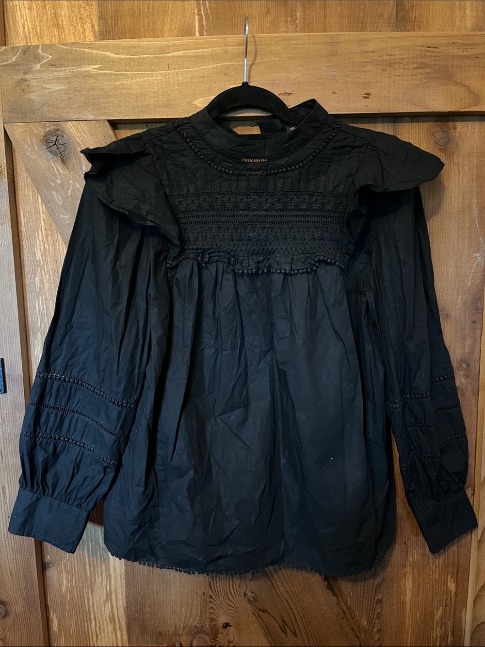 J. Crew Black Smocked Ruffle Yoke Blouse